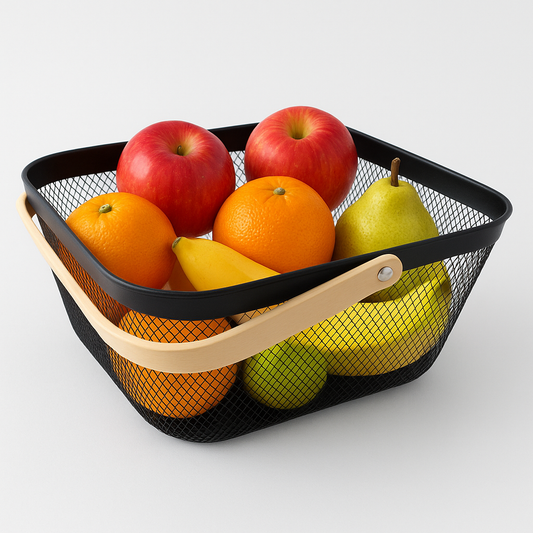 Square Metal Mesh Basket with Wooden Handle – Large | Modern Storage &amp; Fruit Bowl