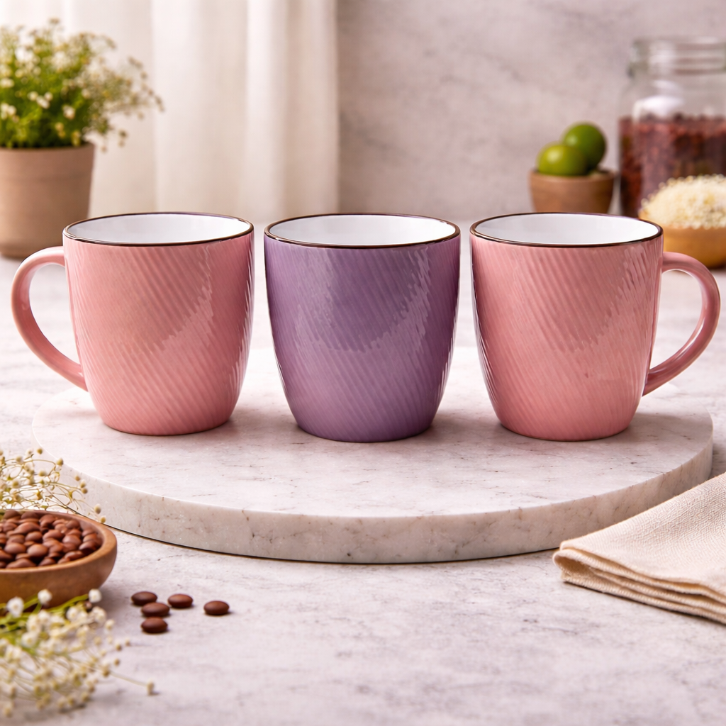 Pack of 3 Textured Ceramic Coffee Mugs Set | Ribbed Design Tea Cups in ...
