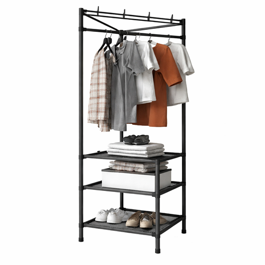 Corner Coat Rack – Multi-Tier Clothes Stand with Hanging Rod & Storage Shelves - Habitt