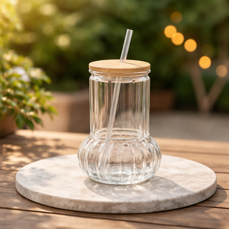Delas Straw Glass – Modern Ribbed Tumbler with Bamboo Lid & Reusable Straw - Habitt