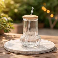 Delas Straw Glass – Modern Ribbed Tumbler with Bamboo Lid & Reusable Straw - Habitt