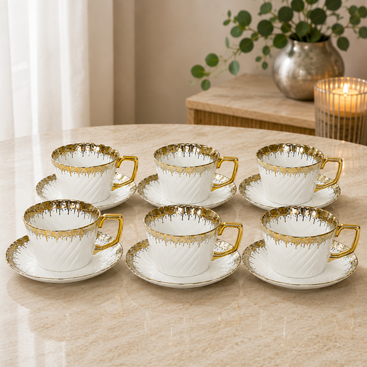 Golden Handle Porcelain Cup & Saucer Tea Set – Premium White & Gold