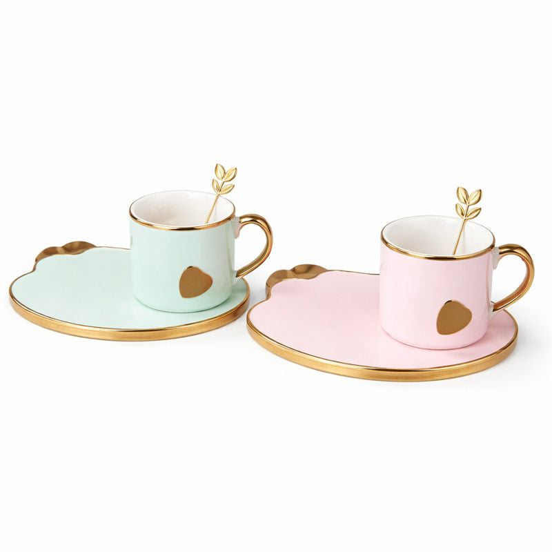 Ceramic Heart Cup & Saucer Set – Elegant Pink & Blue Tea Cup with Gold Detailing