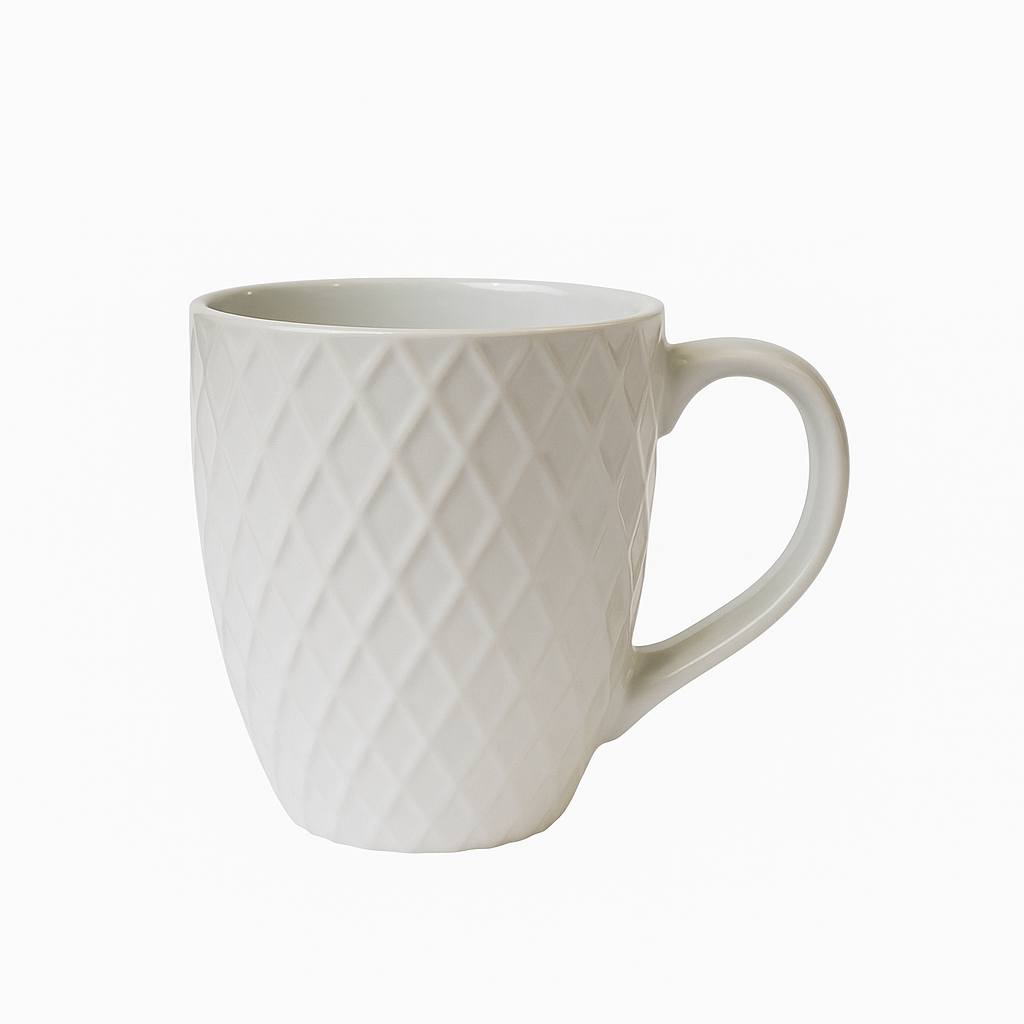 White Embossed Ceramic Coffee Mug Diamond Pattern Cup | Elegant Stoneware Design