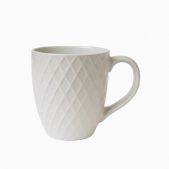 White Embossed Ceramic Coffee Mug Diamond Pattern Cup | Elegant Stoneware Design