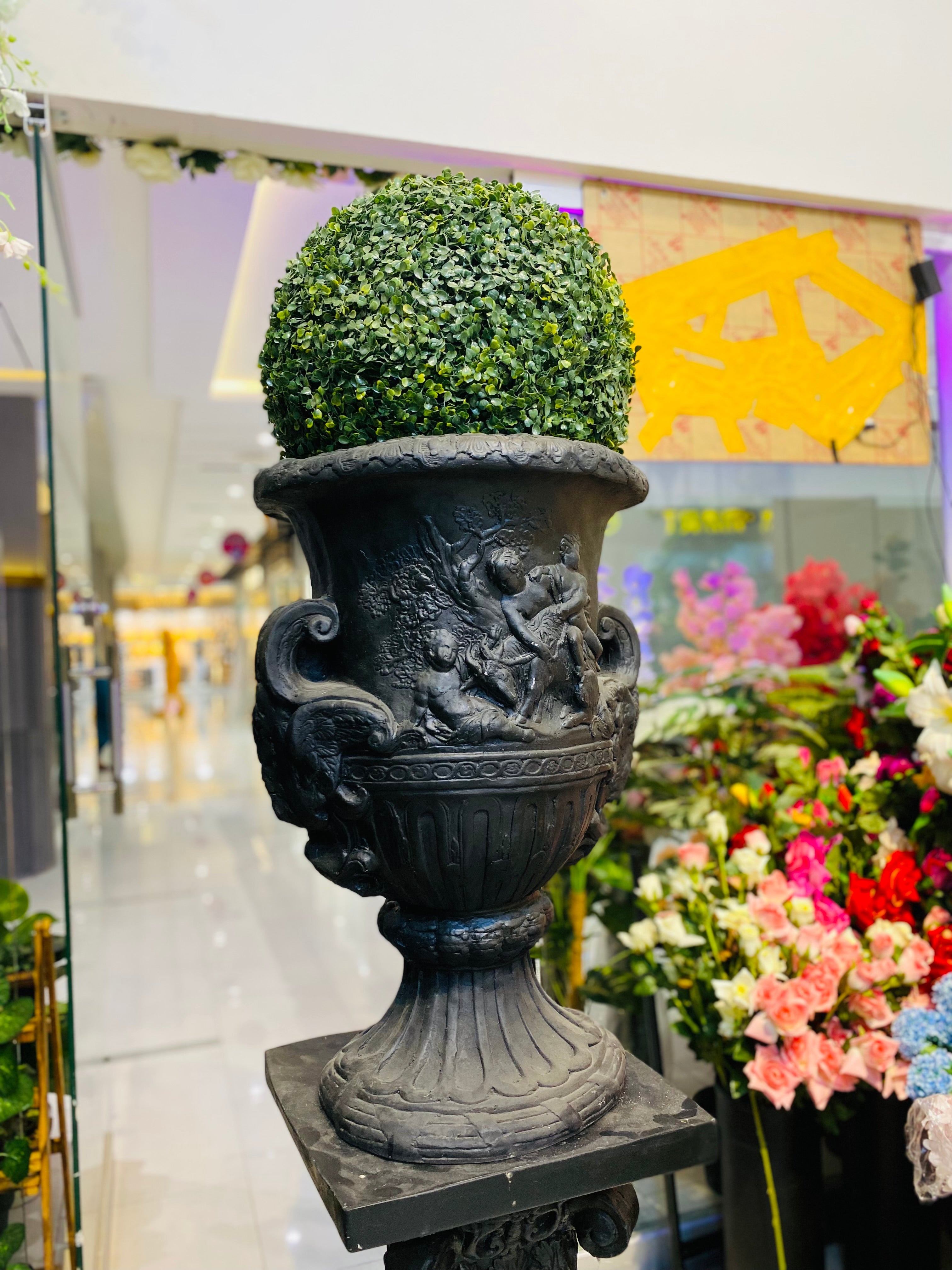 Big carved Urn & Pedestal With Topiary