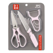 3 Pcs  Kitchen Knife, Scissors & Peeler Set – White, Green, Pink - Habitt
