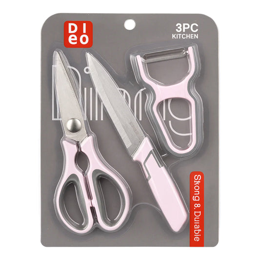 3-Piece Kitchen Knife, Scissors & Peeler Set – White, Green, Pink