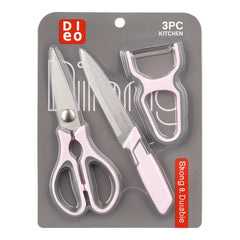 3-Piece Kitchen Knife, Scissors & Peeler Set – White, Green, Pink