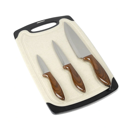 4-Piece Kitchen Knife Set with Cutting Board – Stainless Steel Blades & Wood-Pattern Handles