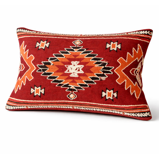 Brick Red Tribal Embroidered Lumbar Cushion Cover 12x18 Inch – Boho Geometric Textured Decorative Pillow Cover - Habitt