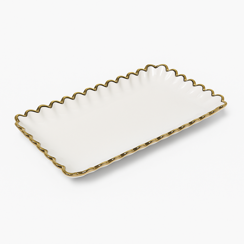 Super Dine Dish – White Rectangular Ceramic Platter with Gold Rim