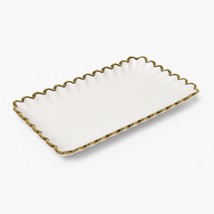 Super Dine Dish – White Rectangular Ceramic Platter with Gold Rim