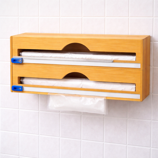 Layers Kitchen Plastic Wrap Dispenser with Cutter – Dual Slot Organizer