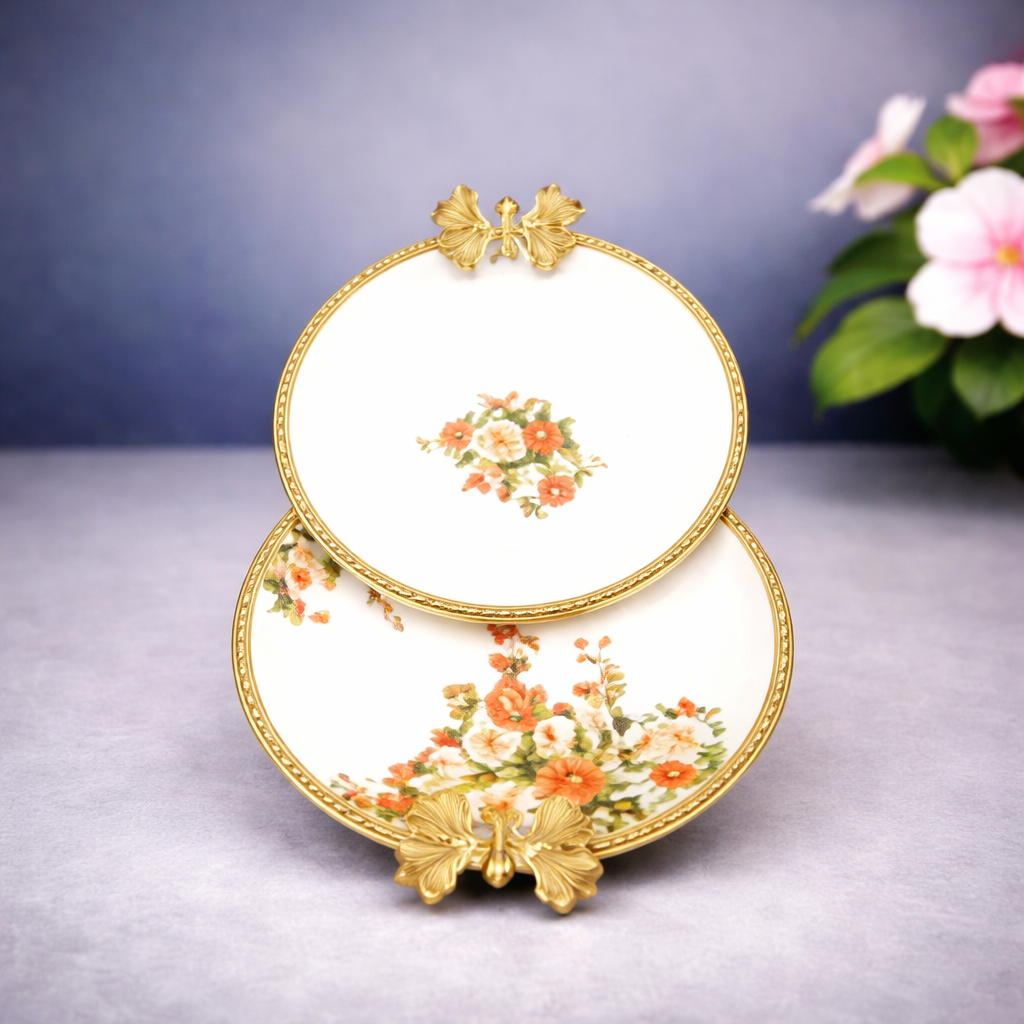 Bowl and Tray Set – Elegant Floral Serving Set with Gold Detailing - Habitt