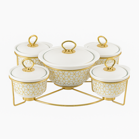 5-Pcs Round Ceramic Casserole Set With Gold Stand – Elegant Multi-Dish Serving Set