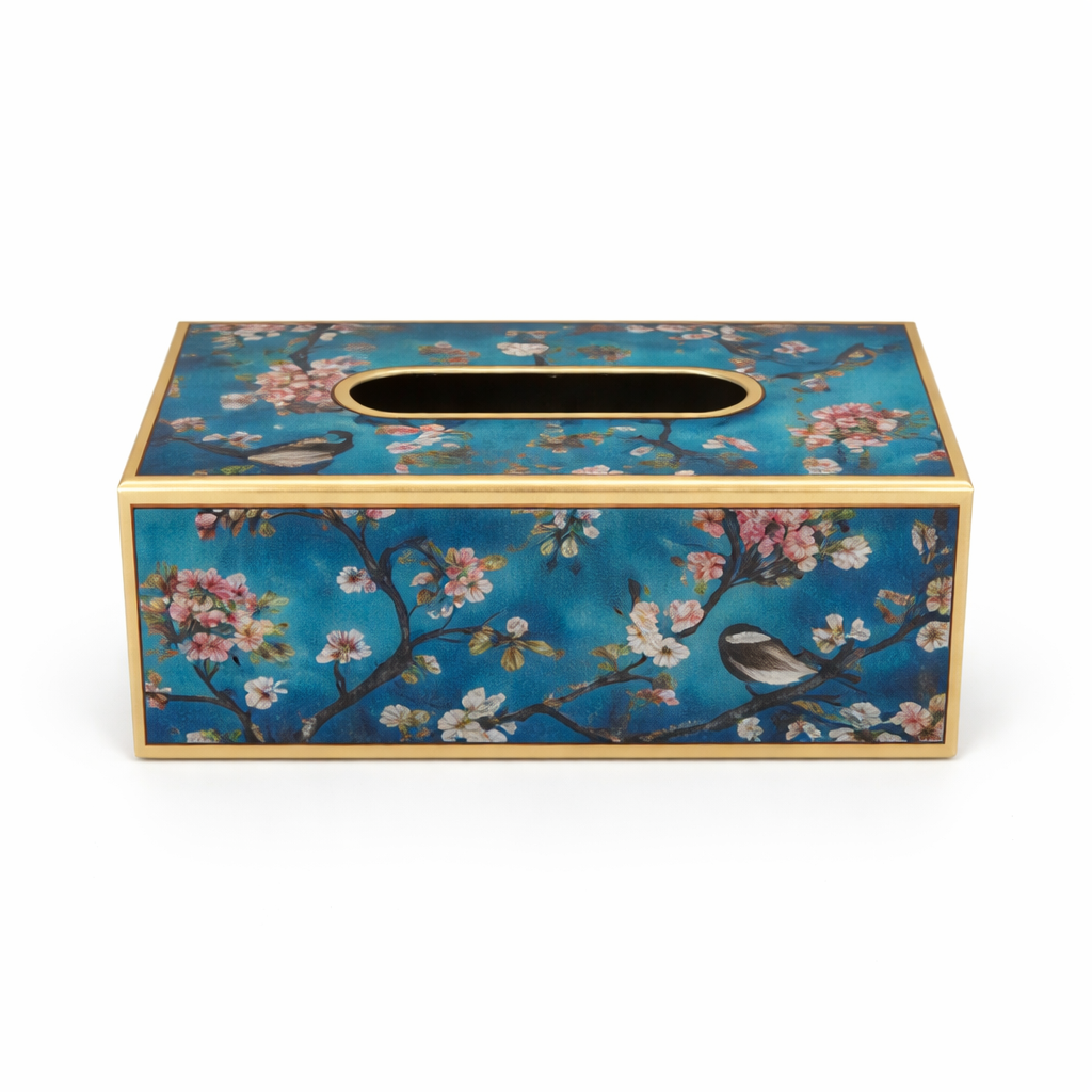 Luxury Floral Bird Print Tissue Box Cover – Decorative Rectangular Tissue Holder with Gold Trim