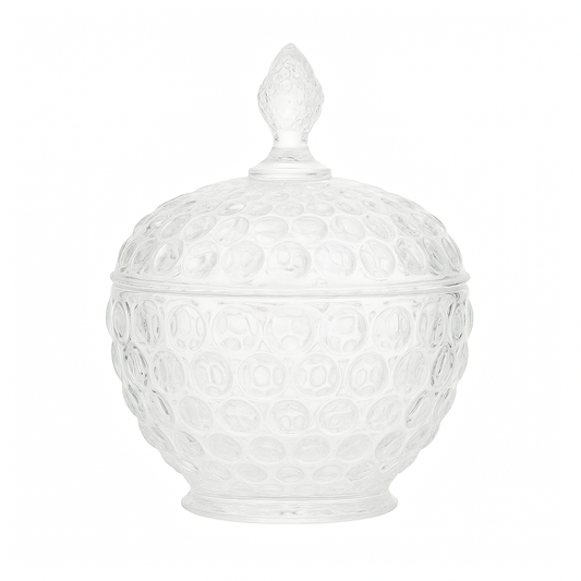 Textured Clear Pressed-Glass Candy Jar with Lid – Elegant Round Sweet Container
