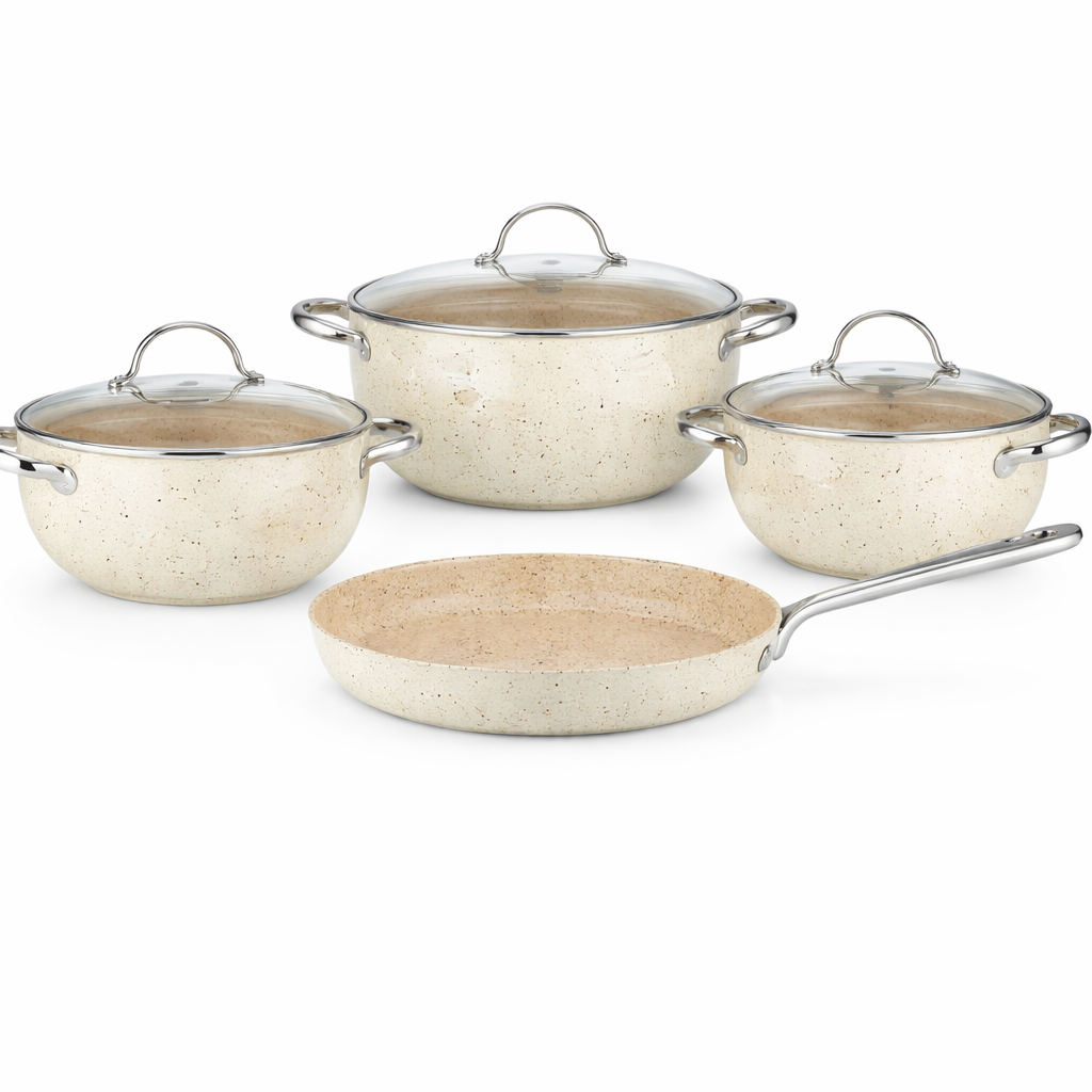 Mondea 7 Pcs Cookware Set – Marble Coated Aluminium Pots & Fry Pan with Glass Lids - Habitt
