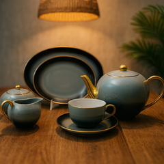 24-Piece Elegant Tea Set – Beige Porcelain Tea Service with Gold Accents