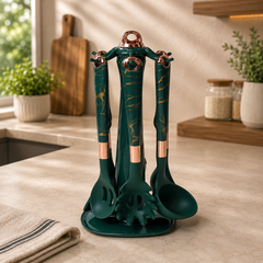 7 PCS Premium Green Silicone Kitchen Utensil Set with Marble Handles & Rotating Stand | Heat-Resistant Cooking Spoon Set