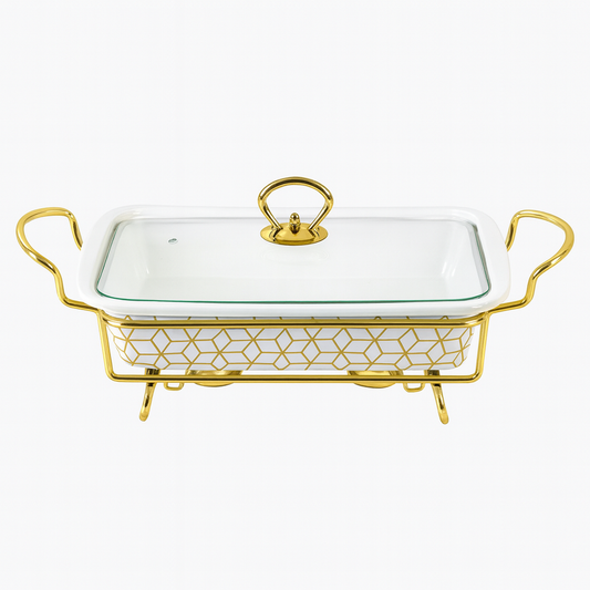 Premium 14.5" Ceramic Casserole With Gold Metal Stand – Elegant Serving & Warming Dish
