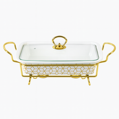 Premium 14.5" Ceramic Casserole With Gold Metal Stand – Elegant Serving & Warming Dish