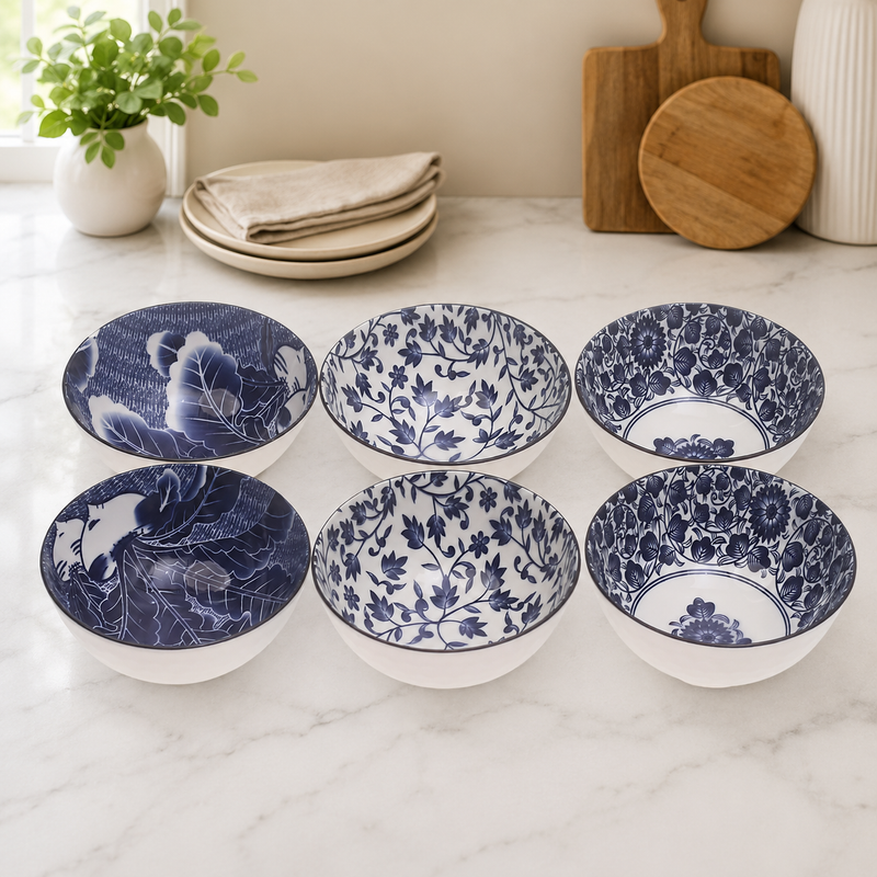 6 Pcs  Blue Floral Ceramic Bowl Set