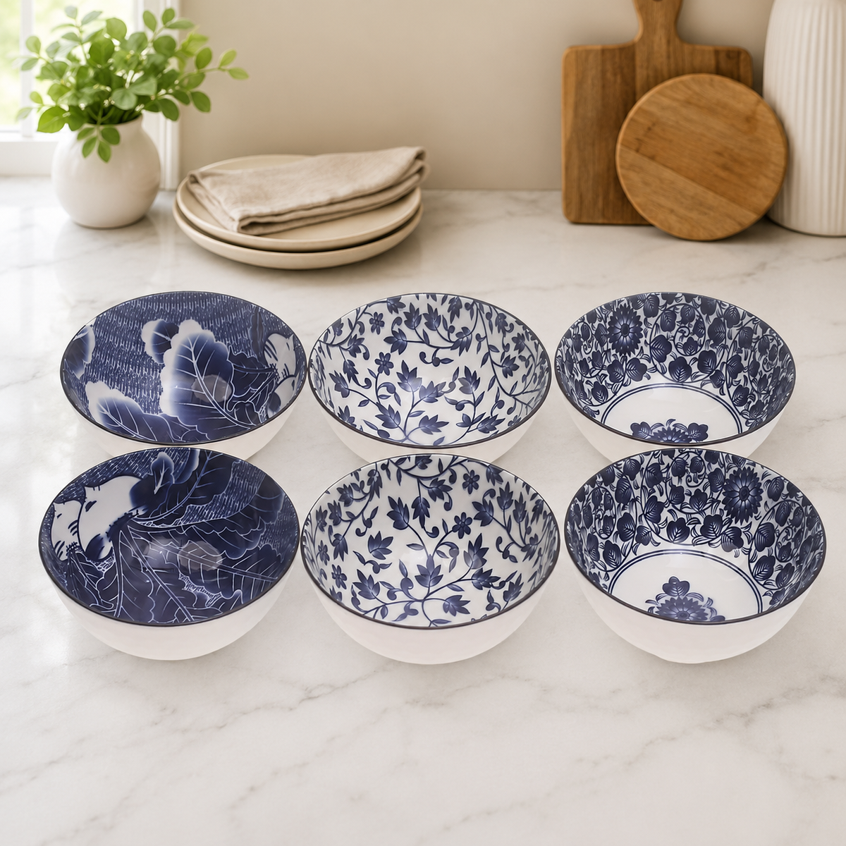 6 Pcs  Blue Floral Ceramic Bowl Set