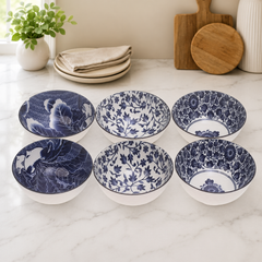6 Pcs  Blue Floral Ceramic Bowl Set