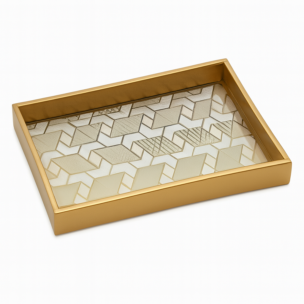 Decorative Glass Tray – Geometric Pattern with Golden Frame