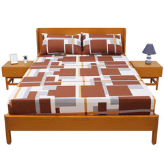 Pretty Double Bed Sheet (90x96) with 2 Pillow Covers – 100% Cotton Geometric Print in Brown, Grey & Mustard