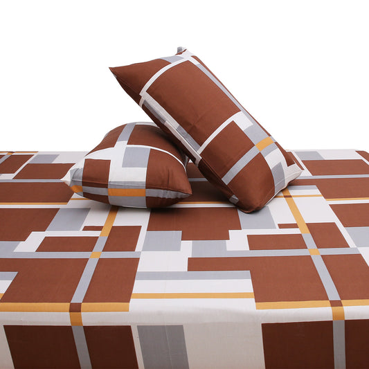 Pretty Double Bed Sheet (90x96) with 2 Pillow Covers – 100% Cotton Geometric Print in Brown, Grey & Mustard