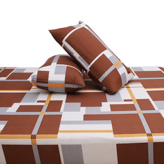 Pretty Double Bed Sheet (90x96) with 2 Pillow Covers – 100% Cotton Geometric Print in Brown, Grey & Mustard