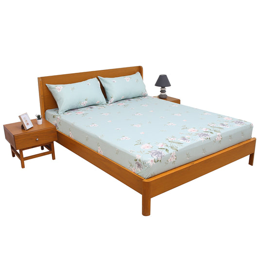 Premium Floral Double Bed Sheet 90x94 Inches – Soft Cotton Fabric in Pastel Aqua Blue with Pink Blossom Print