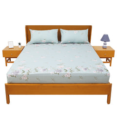 Premium Floral Double Bed Sheet 90x94 Inches – Soft Cotton Fabric in Pastel Aqua Blue with Pink Blossom Print