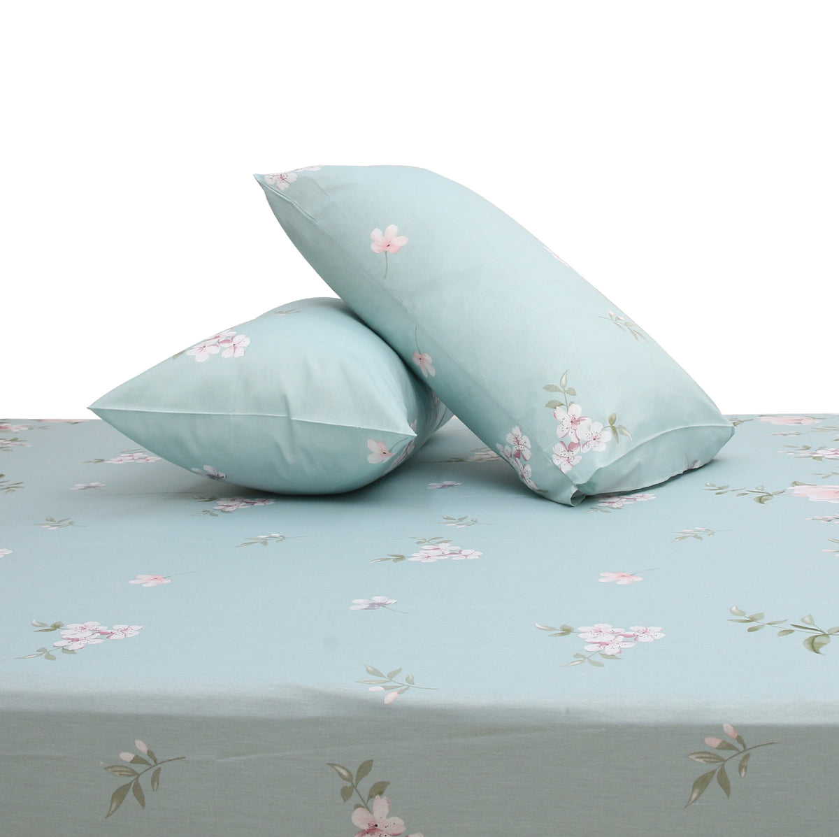 Premium Floral Double Bed Sheet 90x94 Inches – Soft Cotton Fabric in Pastel Aqua Blue with Pink Blossom Print