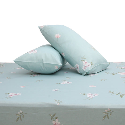 Premium Floral Double Bed Sheet 90x94 Inches – Soft Cotton Fabric in Pastel Aqua Blue with Pink Blossom Print