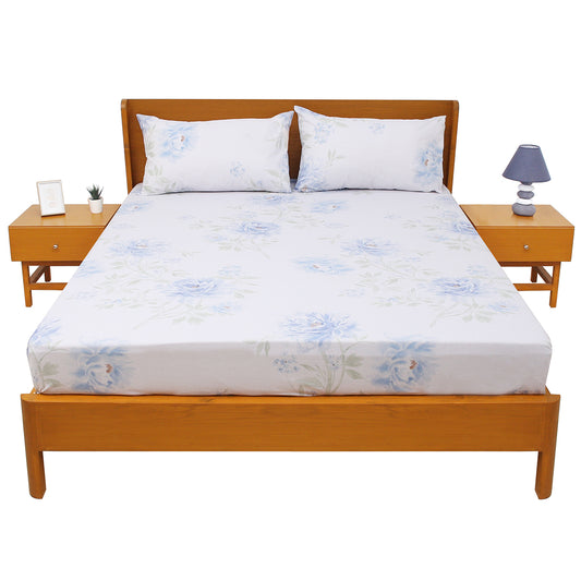 Soft Blue Rose Double Bed Sheet – Elegant Floral Cotton Bedding Set with Pillow Covers (90x94 Inches)