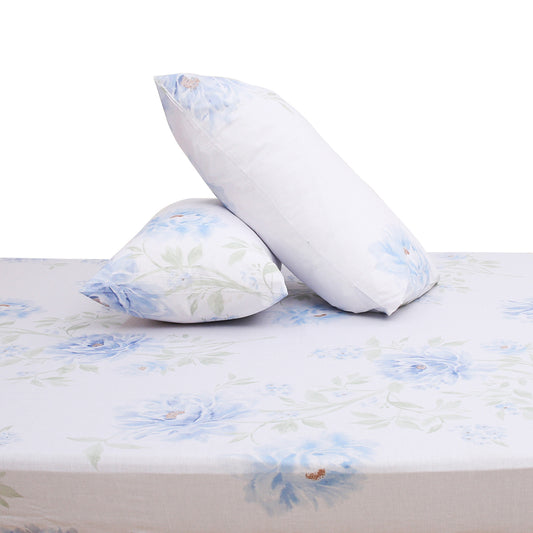 Soft Blue Rose Double Bed Sheet – Elegant Floral Cotton Bedding Set with Pillow Covers (90x94 Inches)