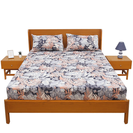 Palm Leafs Double Bed Sheet Set (90x96”) – Soft Cotton Fabric with Matching Pillow Covers, Floral Print Design