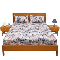 Palm Leafs Double Bed Sheet Set (90x96”) – Soft Cotton Fabric with Matching Pillow Covers, Floral Print Design