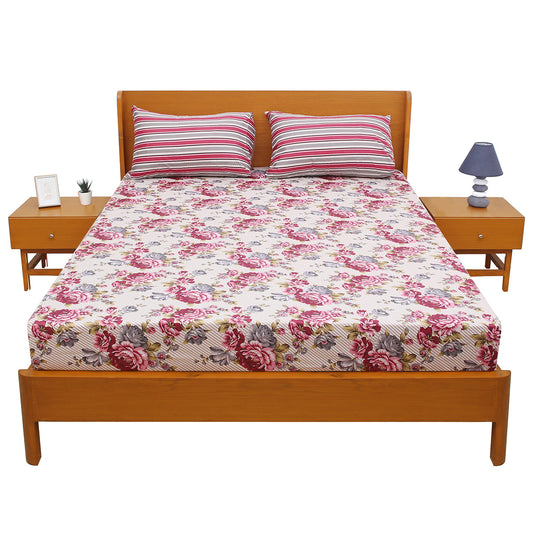 Pink Floral Double Bed Sheet Set – Soft Cotton Blend Fabric with Matching Pillow Covers, Elegant Rose Print Design