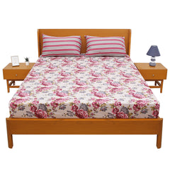 Pink Floral Double Bed Sheet Set – Soft Cotton Blend Fabric with Matching Pillow Covers, Elegant Rose Print Design