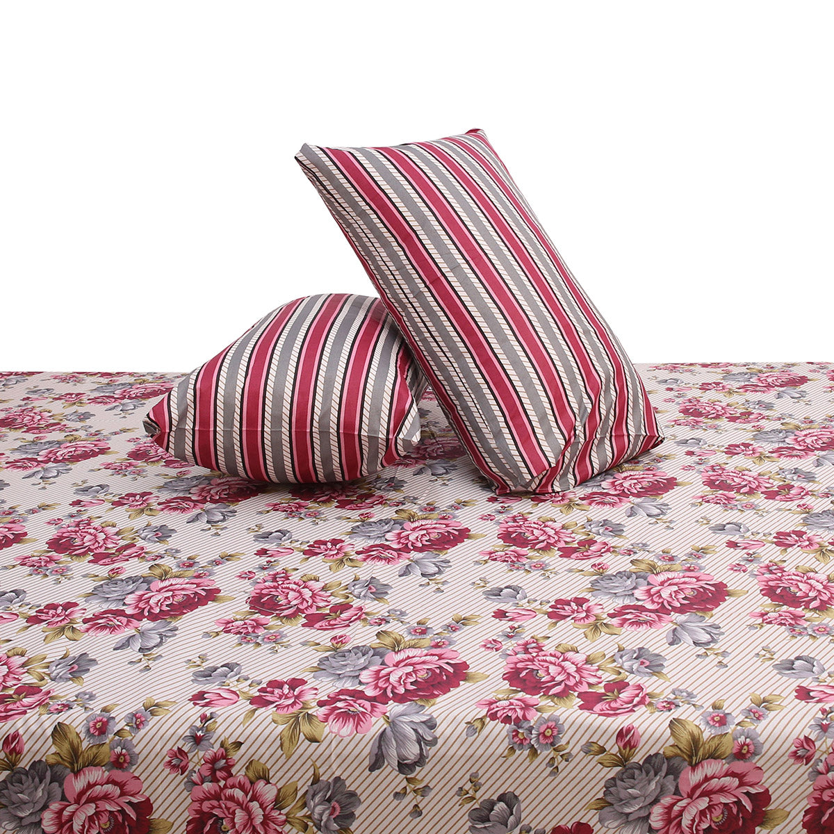 Pink Floral Double Bed Sheet Set – Soft Cotton Blend Fabric with Matching Pillow Covers, Elegant Rose Print Design