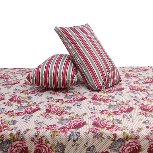 Pink Floral Double Bed Sheet Set – Soft Cotton Blend Fabric with Matching Pillow Covers, Elegant Rose Print Design