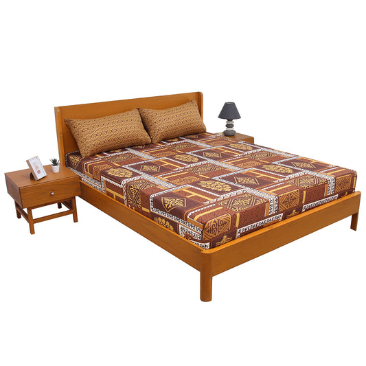 Ajrak Print Double Bed Sheet – Rich Brown Cotton Bedsheet Set with Traditional Geometric Design (90x94 Inches)