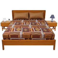 Ajrak Print Double Bed Sheet – Rich Brown Cotton Bedsheet Set with Traditional Geometric Design (90x94 Inches)