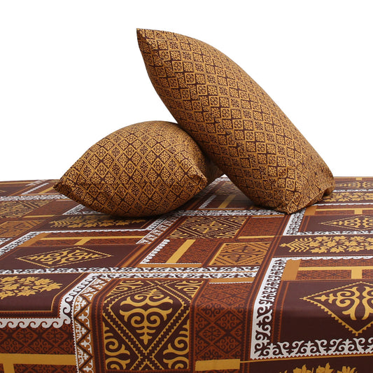 Ajrak Print Double Bed Sheet – Rich Brown Cotton Bedsheet Set with Traditional Geometric Design (90x94 Inches)