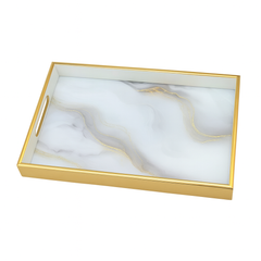 2 Pcs Glass Tray Set – Marble Design with Golden Frame